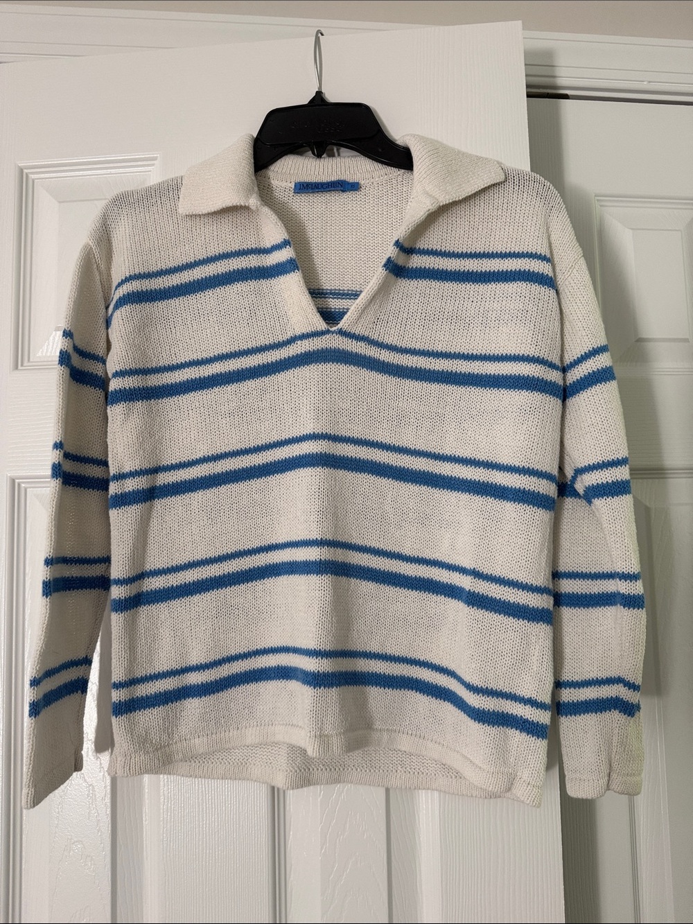 J. McLaughlin linen Cream V‑Neck Sweater with Blue Stripes